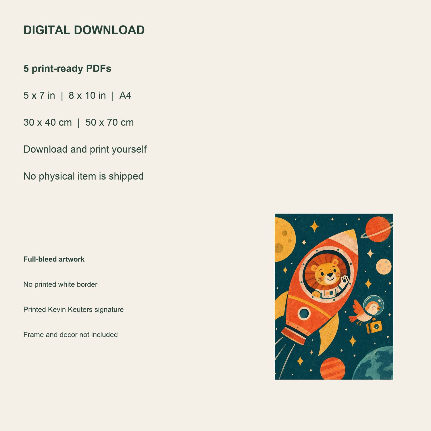 Lion in Space — five included PDF sizes, from 5 × 7 inches to 50 × 70 cm