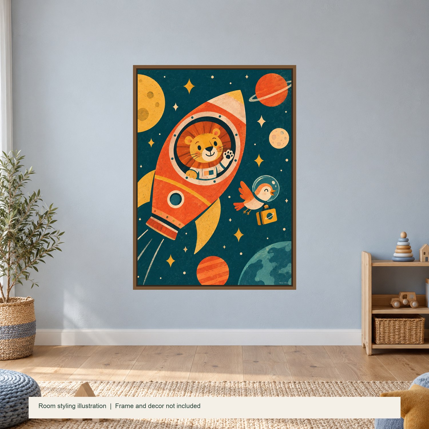 Lion in Space — illustrative room styling; frame not included