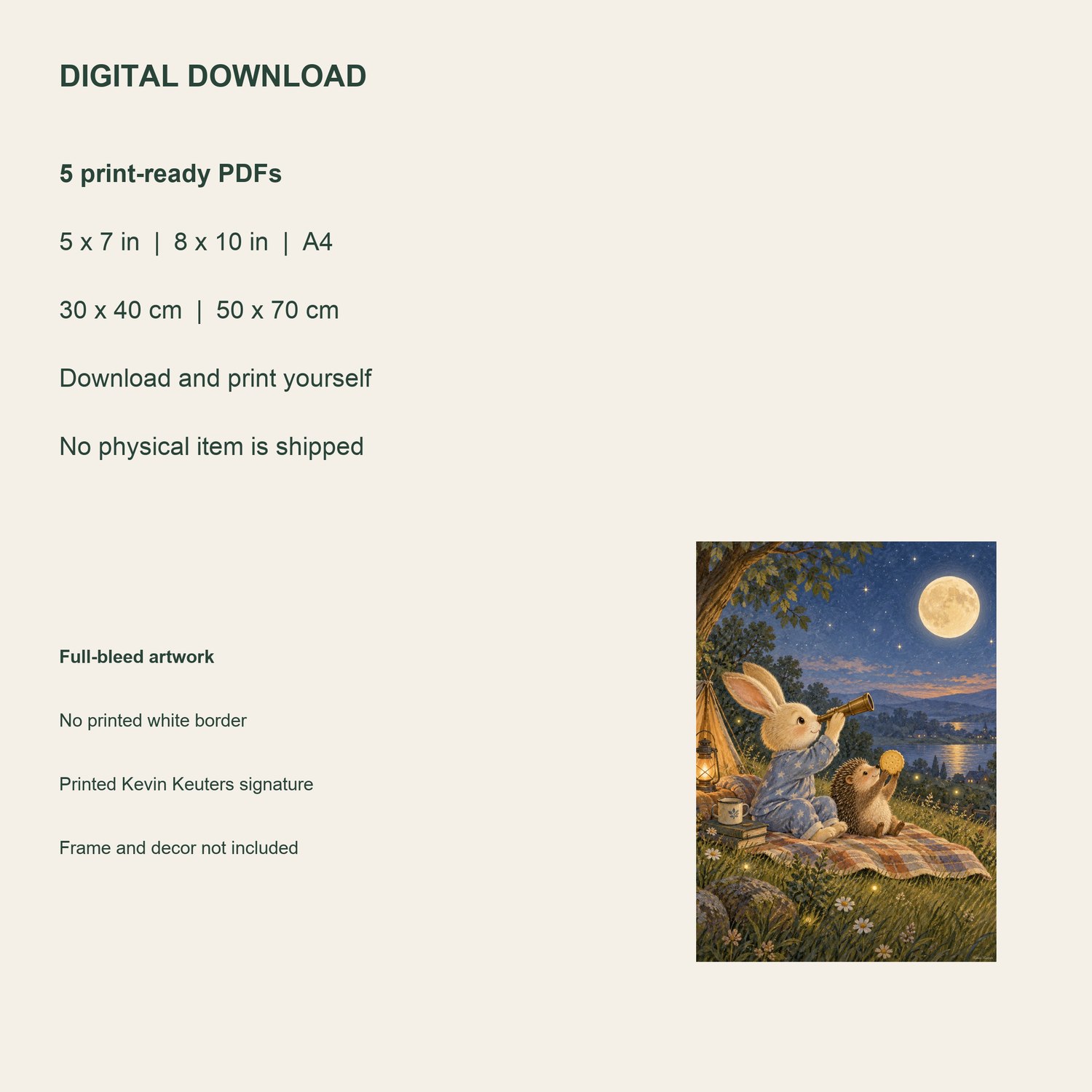 Stargazing Rabbit — five included PDF sizes, from 5 × 7 inches to 50 × 70 cm