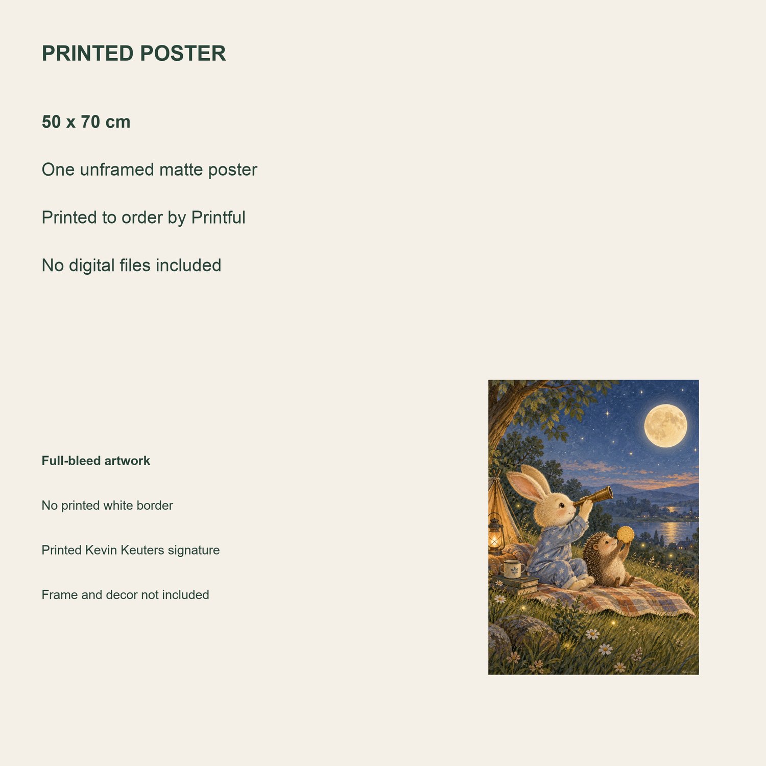 Stargazing Rabbit — printed poster details, 50 × 70 cm, unframed