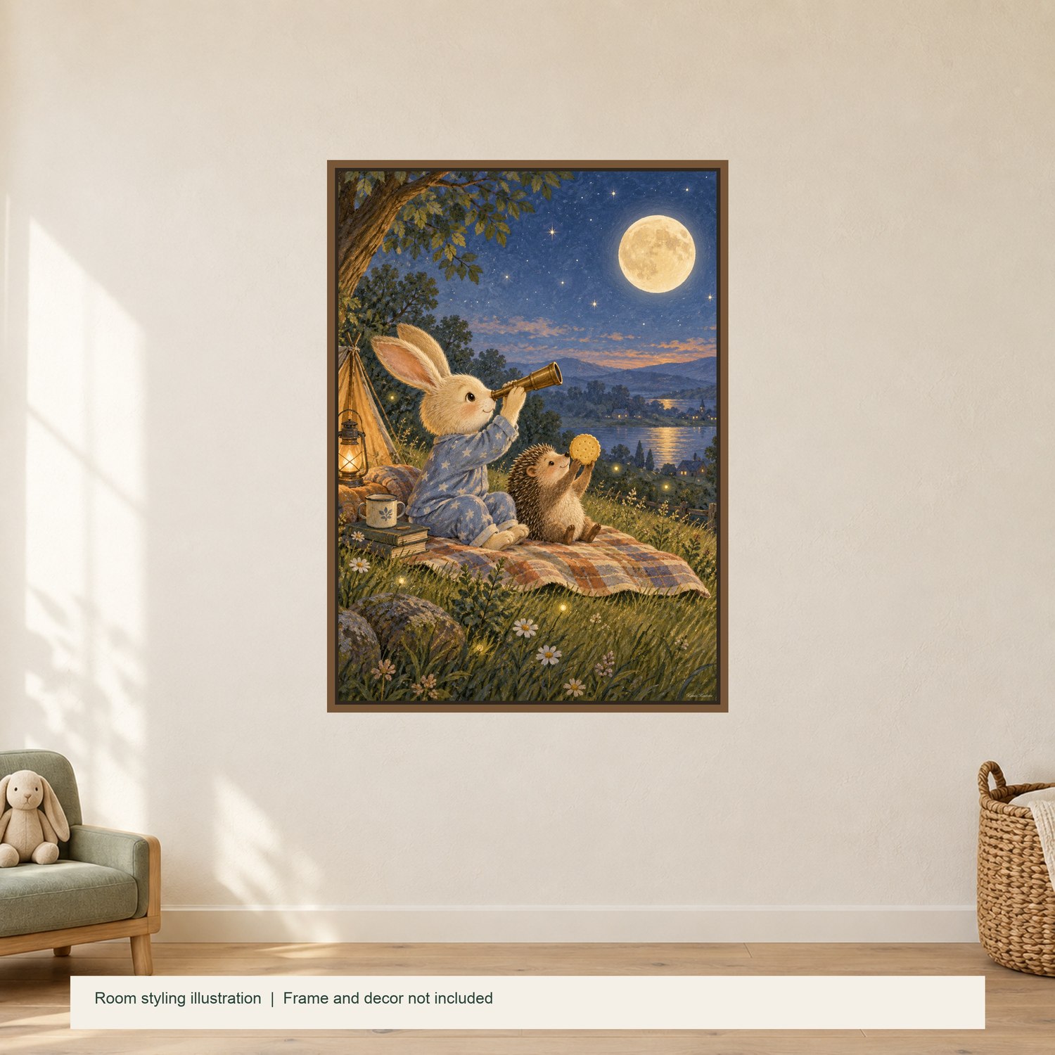 Stargazing Rabbit — illustrative room styling; frame not included