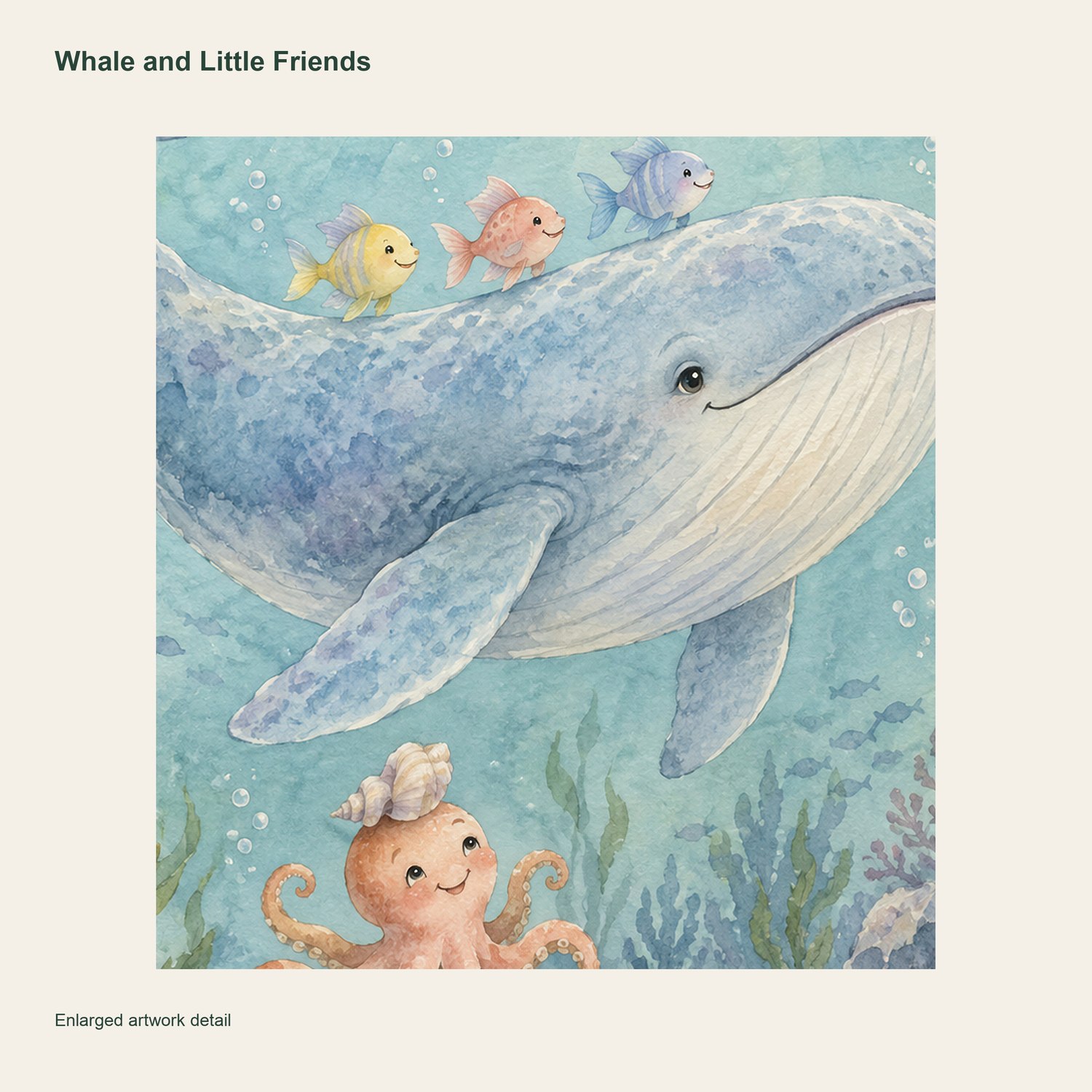 Whale and Little Friends — artwork detail and printed signature