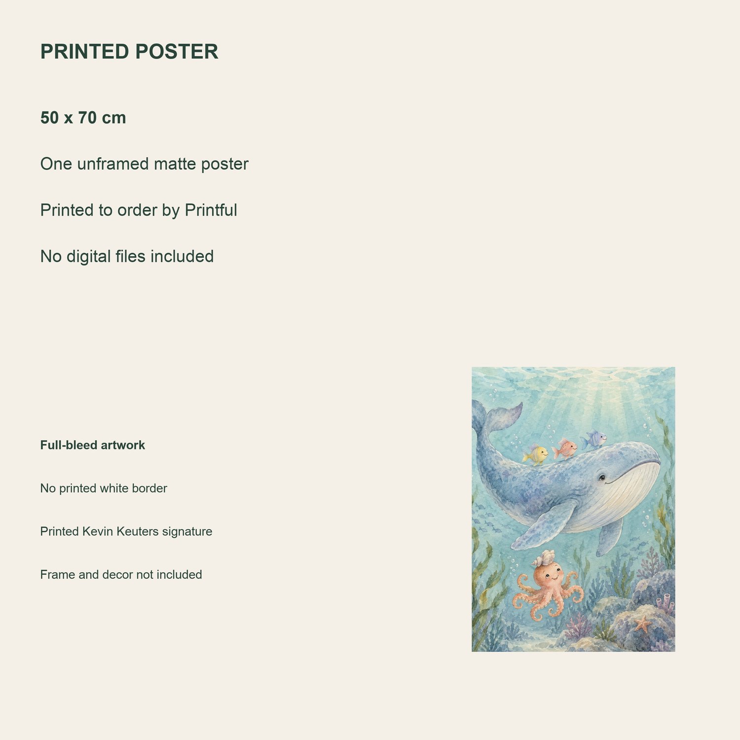 Whale and Little Friends — printed poster details, 50 × 70 cm, unframed