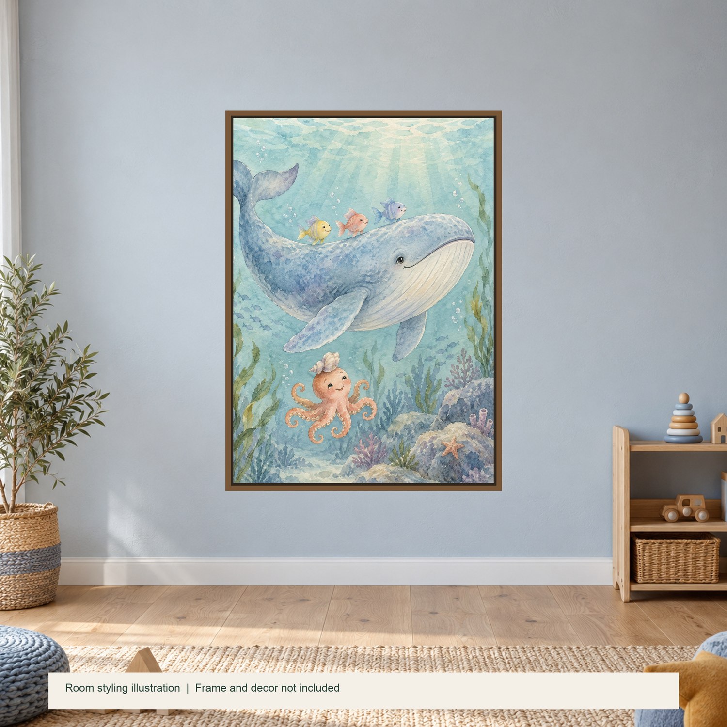 Whale and Little Friends — illustrative room styling; frame not included