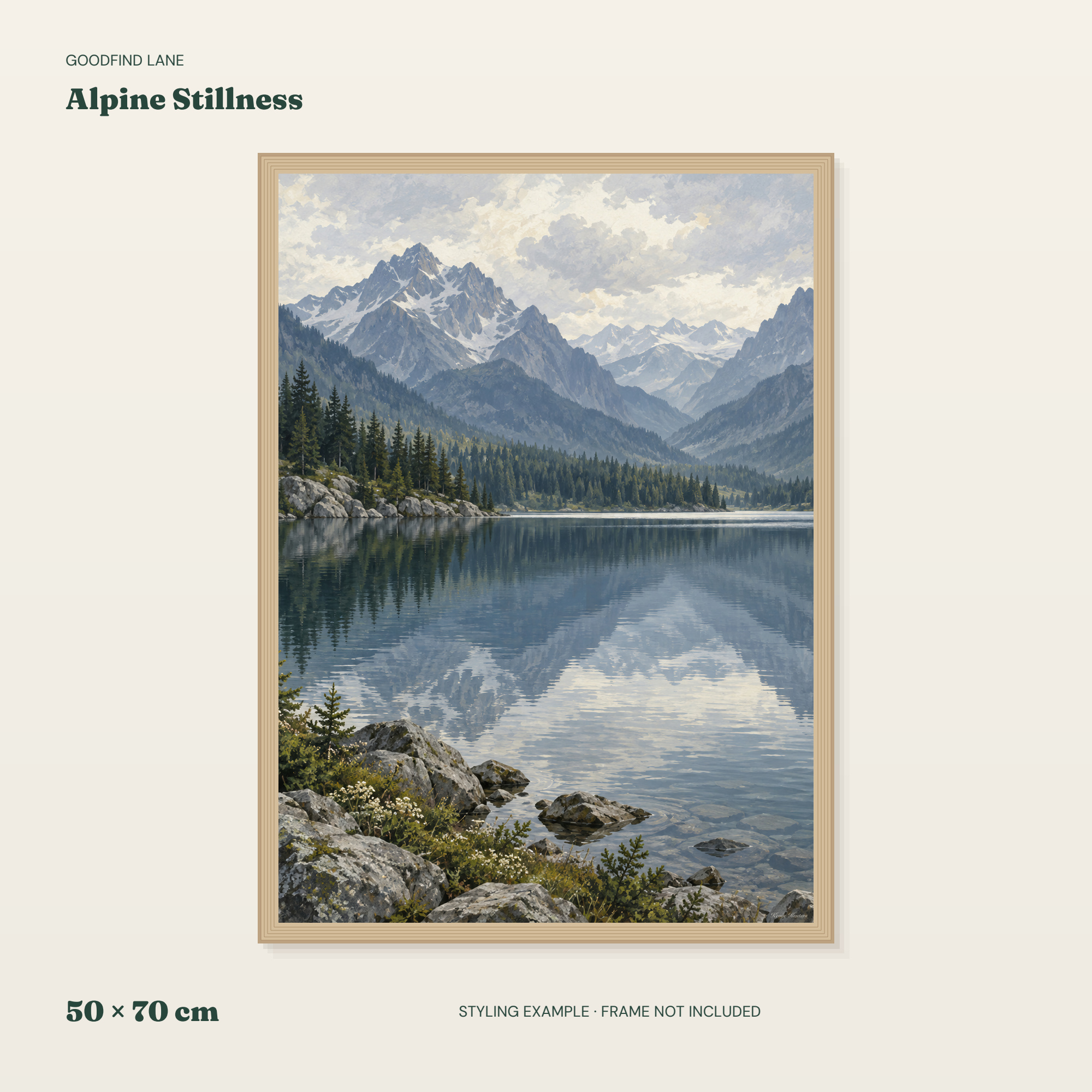Alpine Stillness — borderless 50 × 70 cm layout in a frame styling example