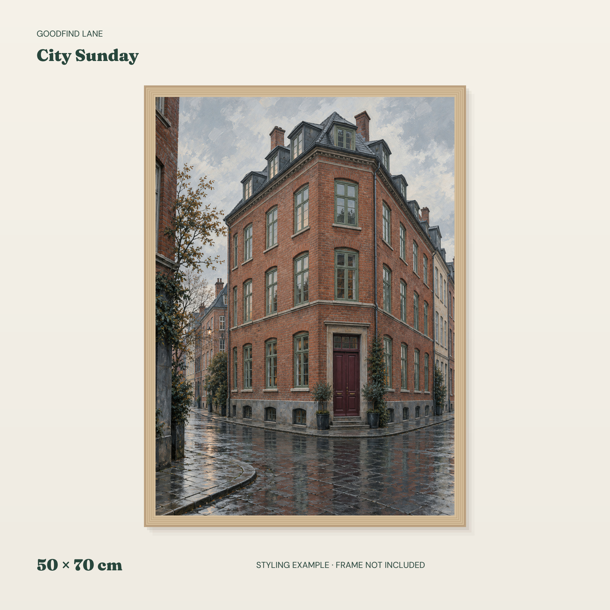 City Sunday — borderless 50 × 70 cm layout in a frame styling example