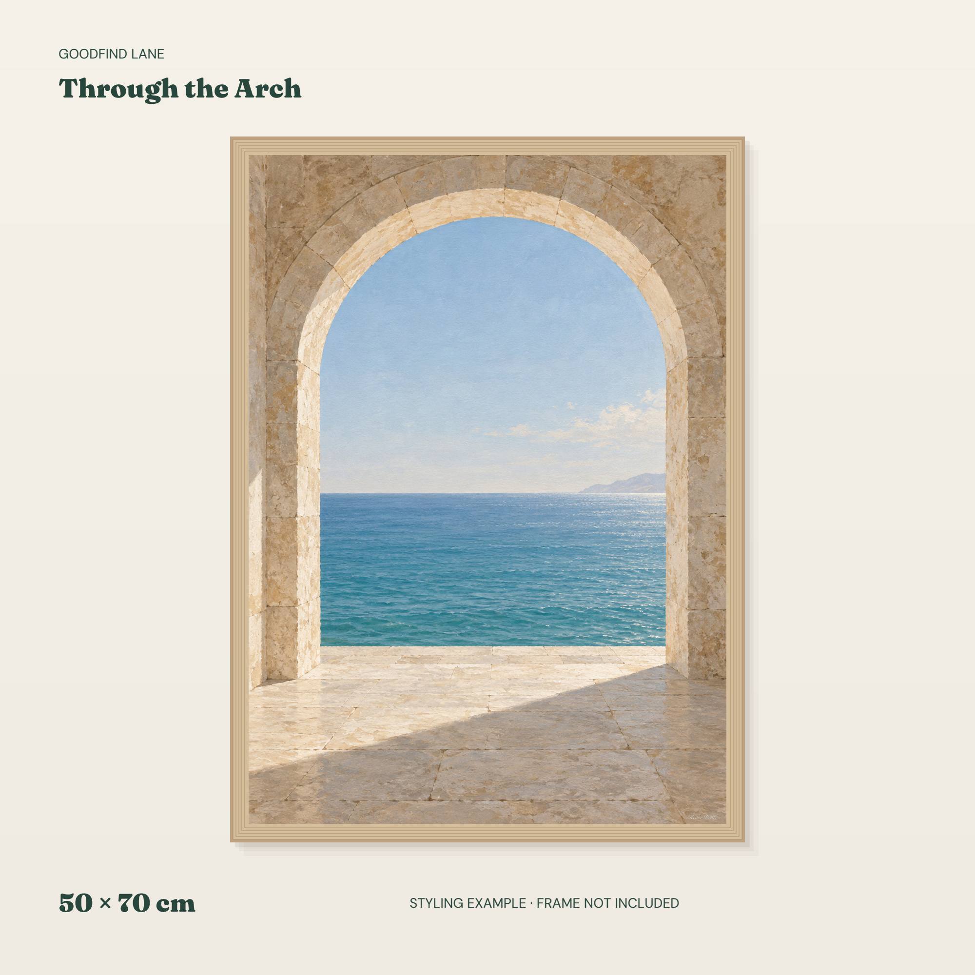 Through the Arch — borderless 50 × 70 cm layout in a frame styling example
