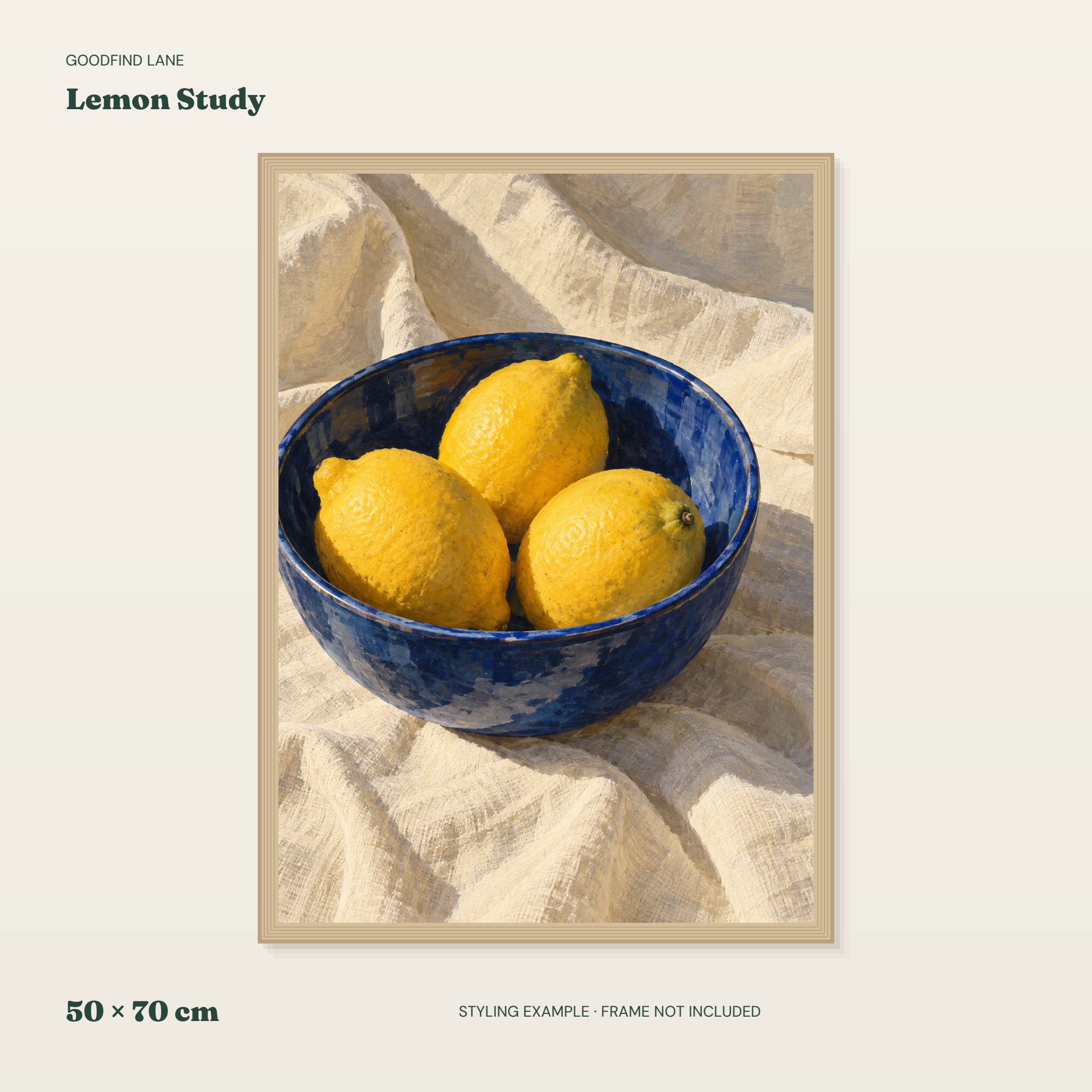 Lemon Study — borderless 50 × 70 cm layout in a frame styling example