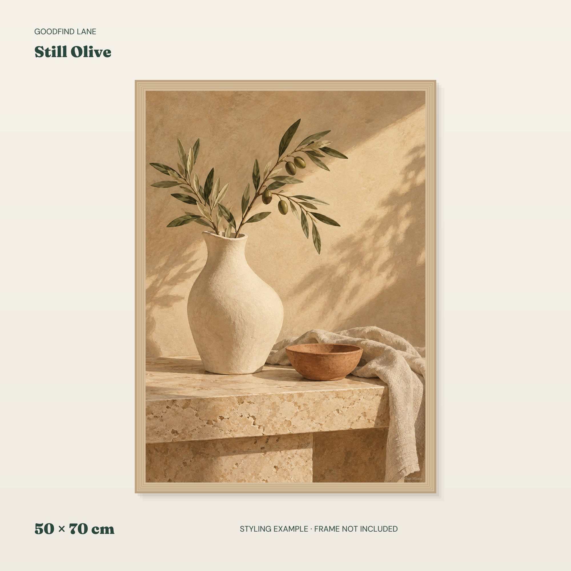 Still Olive — borderless 50 × 70 cm layout in a frame styling example