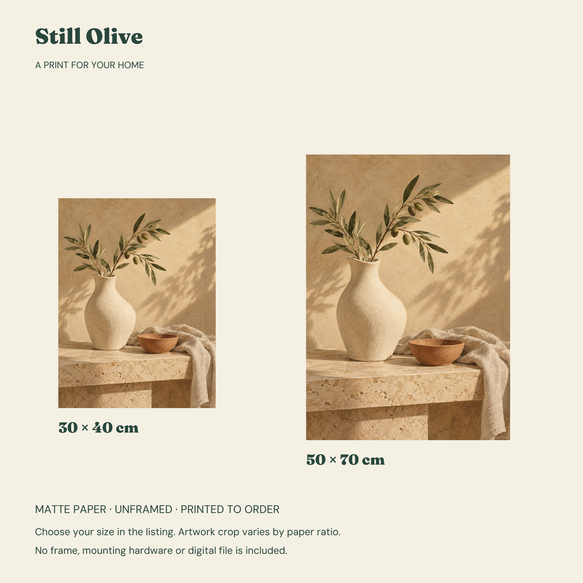 Still Olive — 30 × 40 cm or 50 × 70 cm layouts without frames