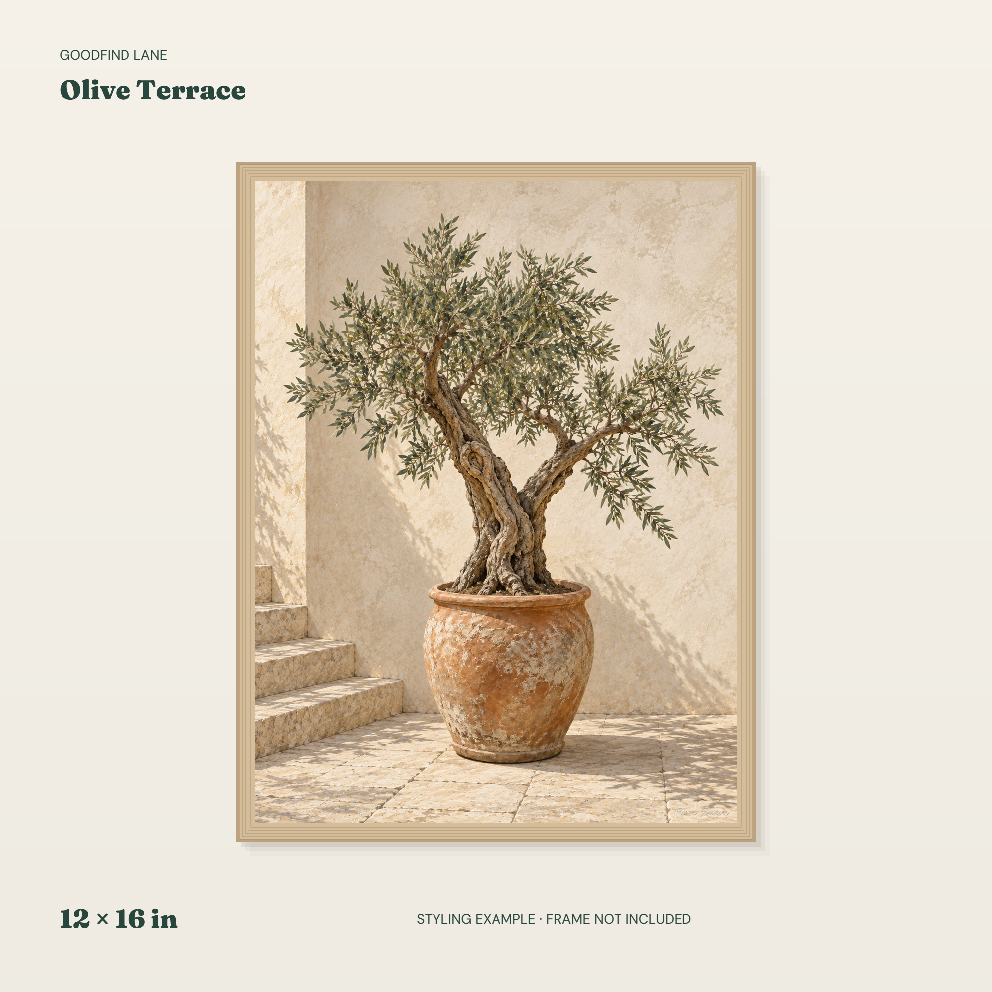 Olive Terrace — borderless 12 × 16 inches styling example; frame not included