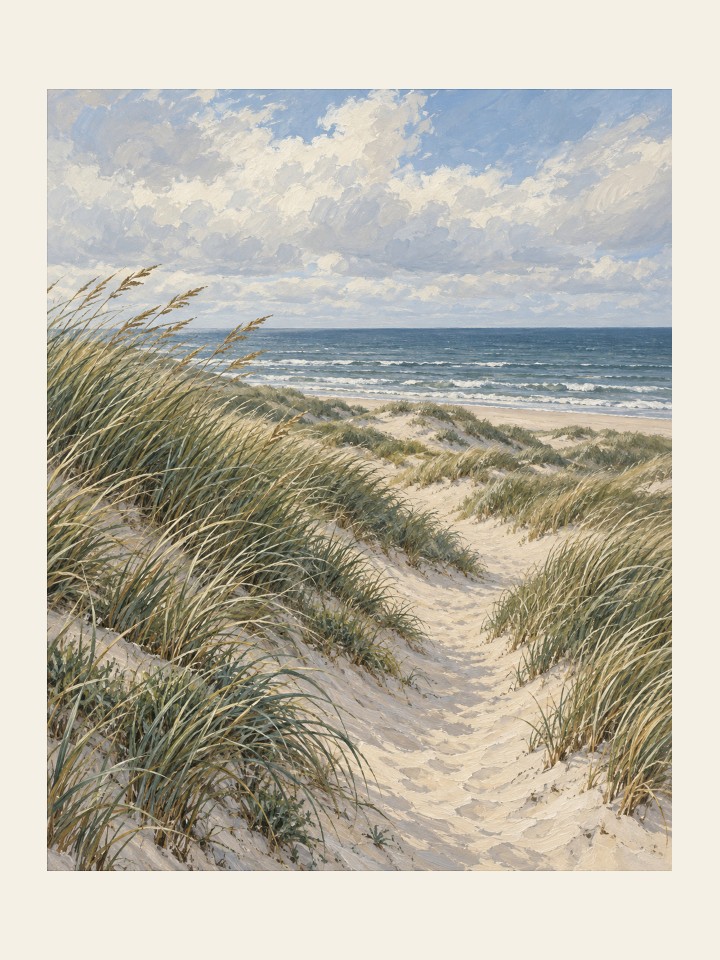 Sandy path through dune grasses leading toward a blue-gray sea beneath an open sky — 12 by 16 inch layout