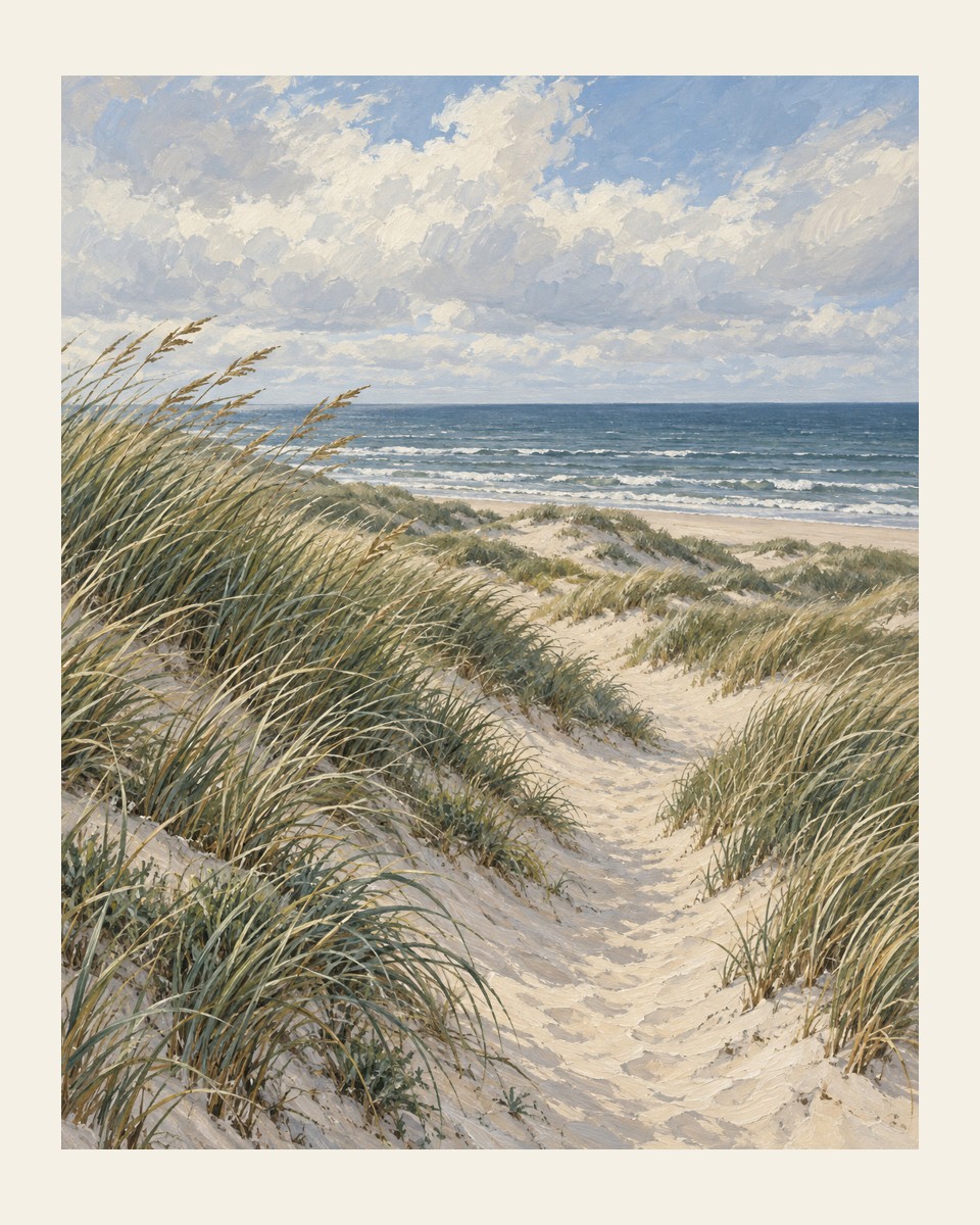 Sandy path through dune grasses leading toward a blue-gray sea beneath an open sky — 16 by 20 inch layout