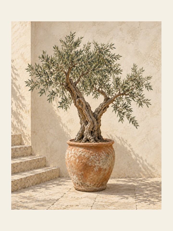 Olive tree with its full leafy crown and terracotta pot beside warm stone steps — 12 by 16 inch layout