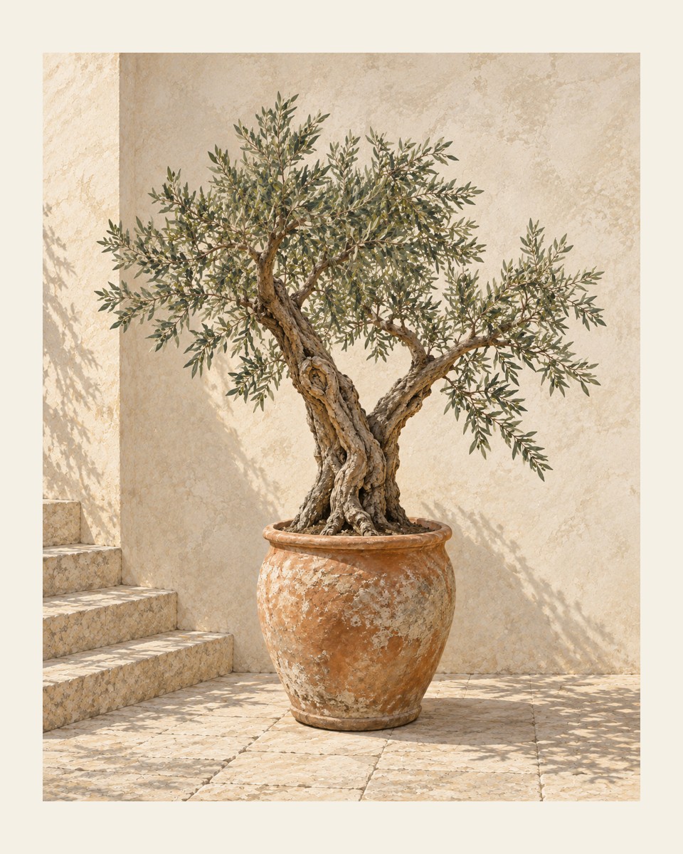 Olive tree with its full leafy crown and terracotta pot beside warm stone steps — 16 by 20 inch layout