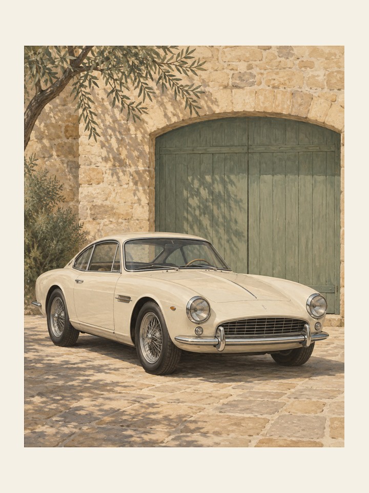 Cream vintage-style car parked in front of a green garage door and stone wall — 12 by 16 inch layout