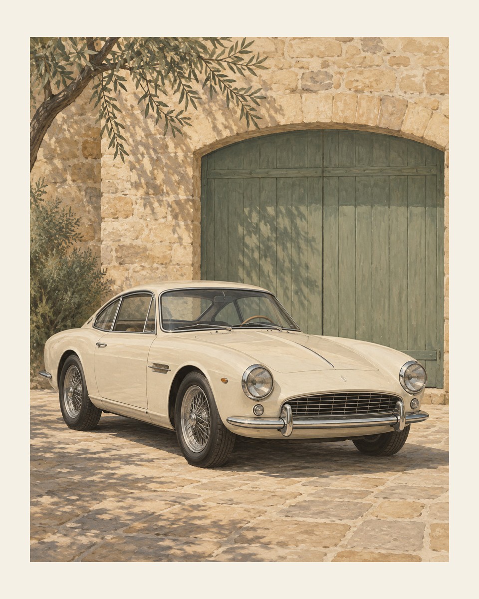 Cream vintage-style car parked in front of a green garage door and stone wall — 16 by 20 inch layout