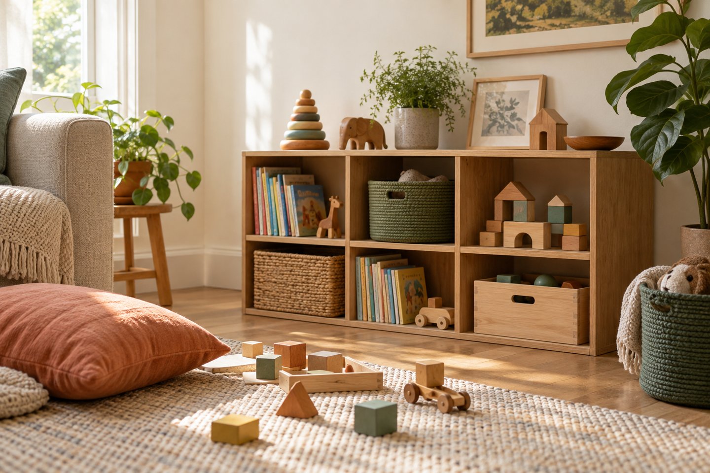 Illustrative family room with wooden shelves and toy baskets